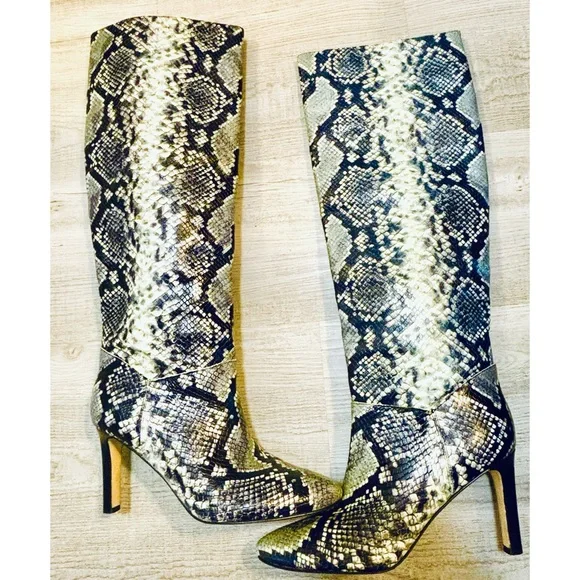 Marc Fisher LTD Black, White and Blue Snakeskin Embossed Leather Heel Boots- 7.5 - Picture 4 of 11